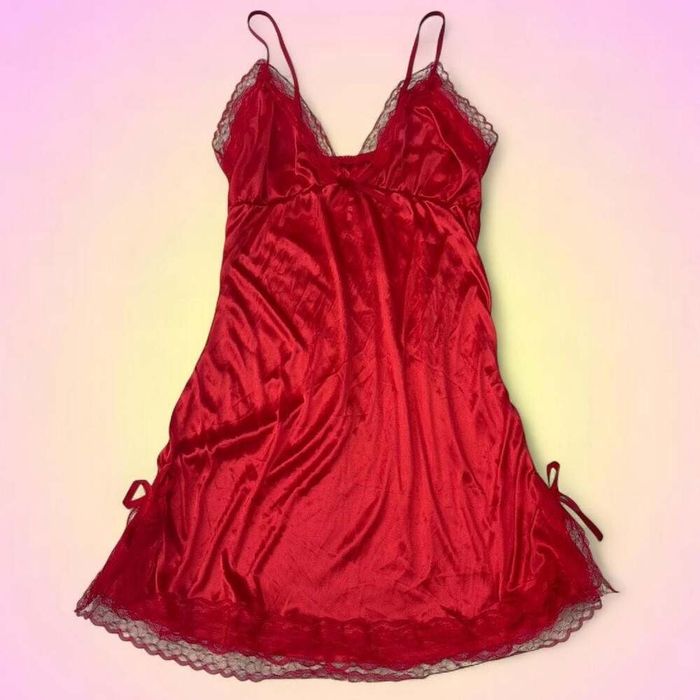Red Satin Lace Trim Chemise Nightgown